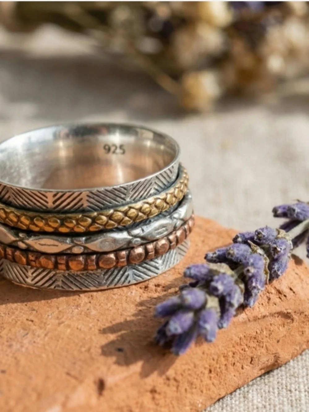 925 Sterling Silver Spinner Ring Size 10 Mixed Metal Brass Copper Handmade